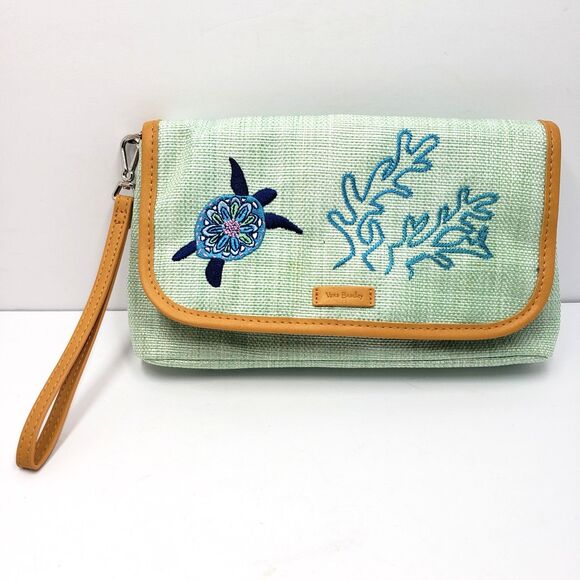 Vera Bradley Handbags - Vera Bradley Straw Beach Wristlet Clutch Sea Turtle Light Green Embroidered RFID